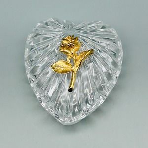 Vintage Italian “Courtenay” Heart Shaped Gold Rose Accented Crystal Trinket Box